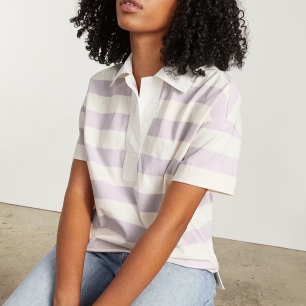 $75 NWT Everlane Organic Cotton Retro Polo Shirt Purple Stripe Short Sleeve